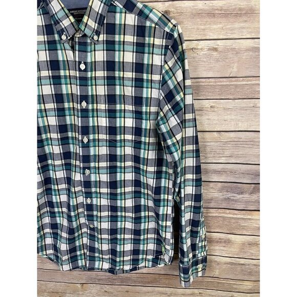 American Eagle Mens Small Athletic Fit Plaid Button Down Shirt Blue White Yellow - Picture 2 of 12